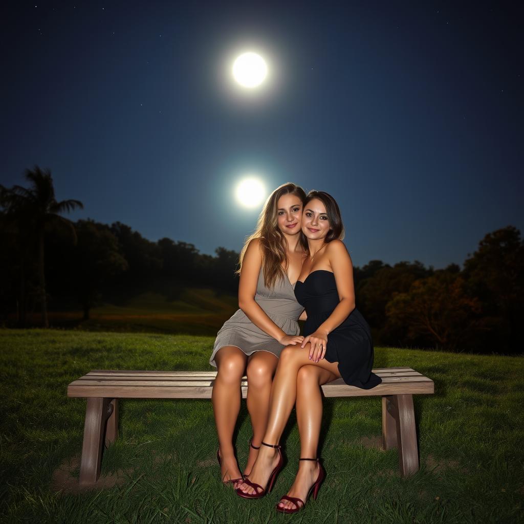 Two sexy, pretty, beautiful 18-year-old girlfriends, both with stunning full makeup, sitting closely on a wooden bench atop a grassy, tree-lined hill under a bright full moon