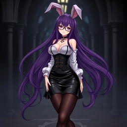 A sexy gothic anime bunny girl with long flowing purple hair, wearing stylish glasses