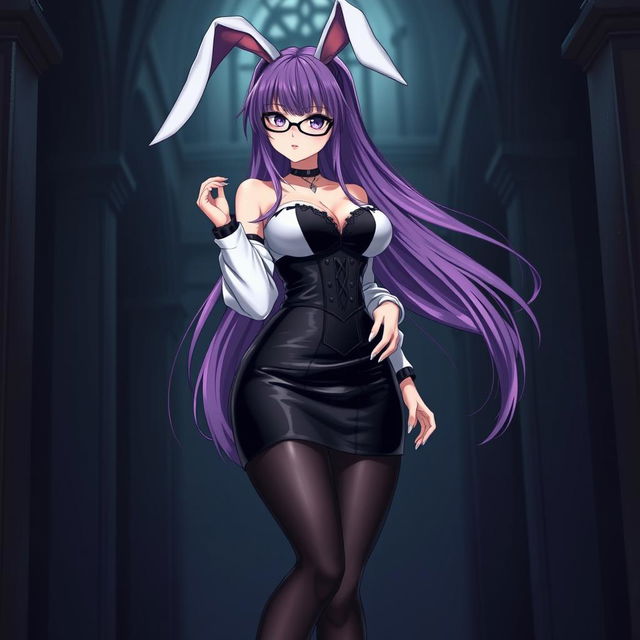 A sexy gothic anime bunny girl with long flowing purple hair, wearing stylish glasses