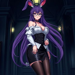 A sexy gothic anime bunny girl with long flowing purple hair, wearing stylish glasses