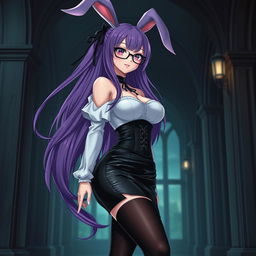 A sexy gothic anime bunny girl with long flowing purple hair, wearing stylish glasses