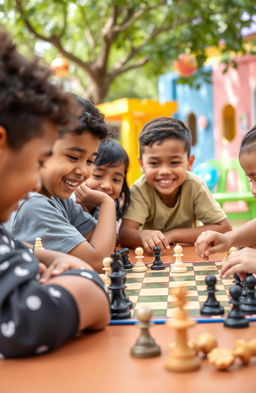 A vibrant and engaging educational scene showcasing kids of diverse backgrounds happily playing chess together at a colorful outdoor setting