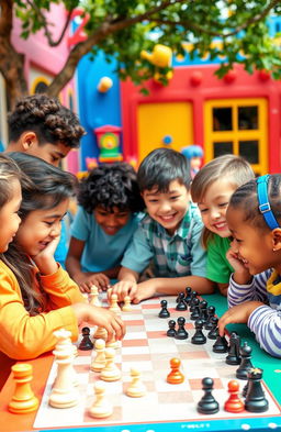 A vibrant and engaging educational scene showcasing kids of diverse backgrounds happily playing chess together at a colorful outdoor setting