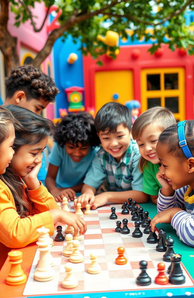 A vibrant and engaging educational scene showcasing kids of diverse backgrounds happily playing chess together at a colorful outdoor setting