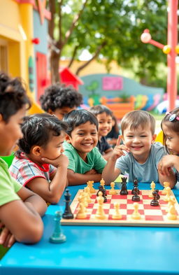 A vibrant and engaging educational scene showcasing kids of diverse backgrounds happily playing chess together at a colorful outdoor setting