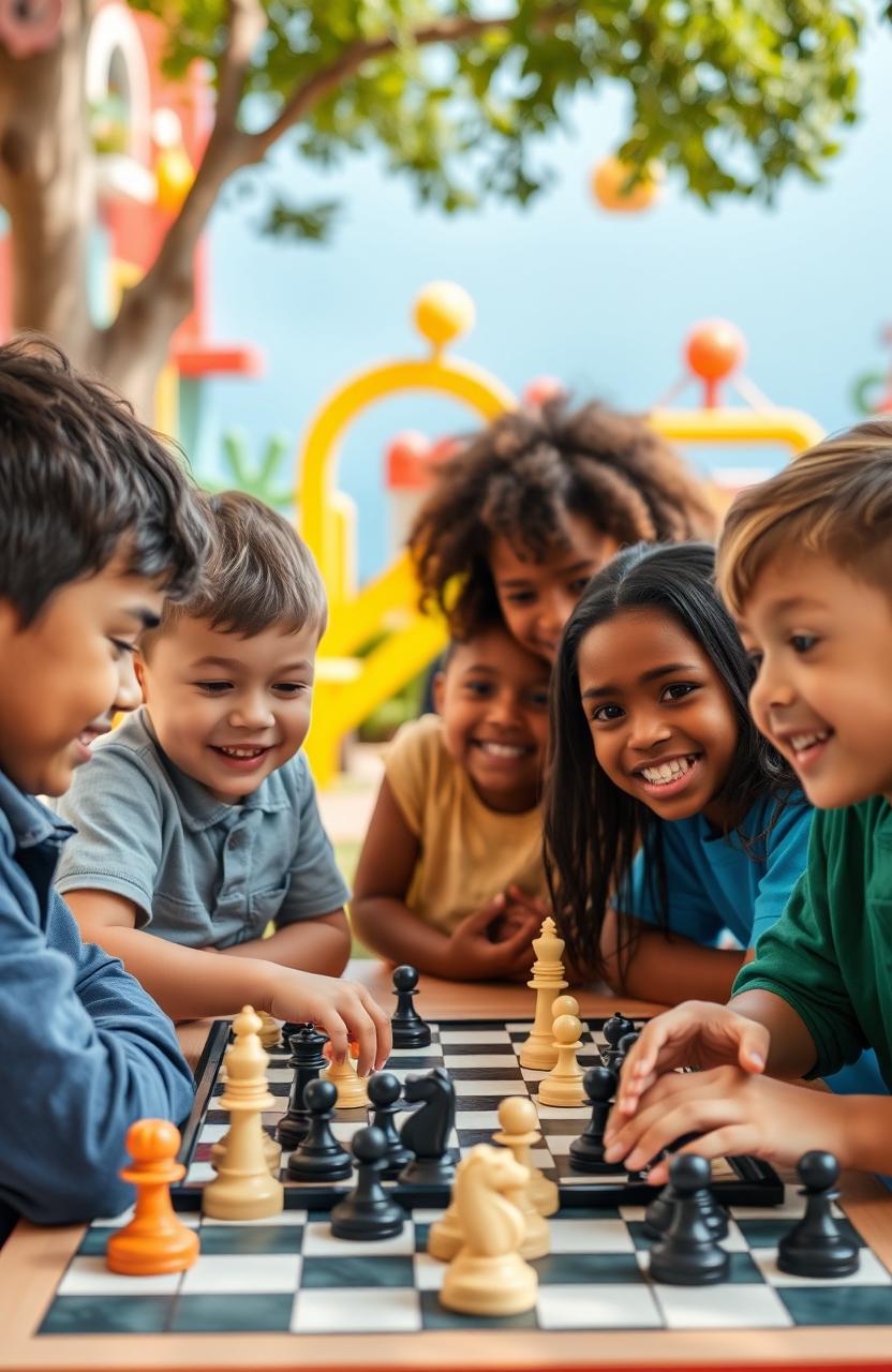 A vibrant and engaging educational scene showcasing kids of diverse backgrounds happily playing chess together at a colorful outdoor setting