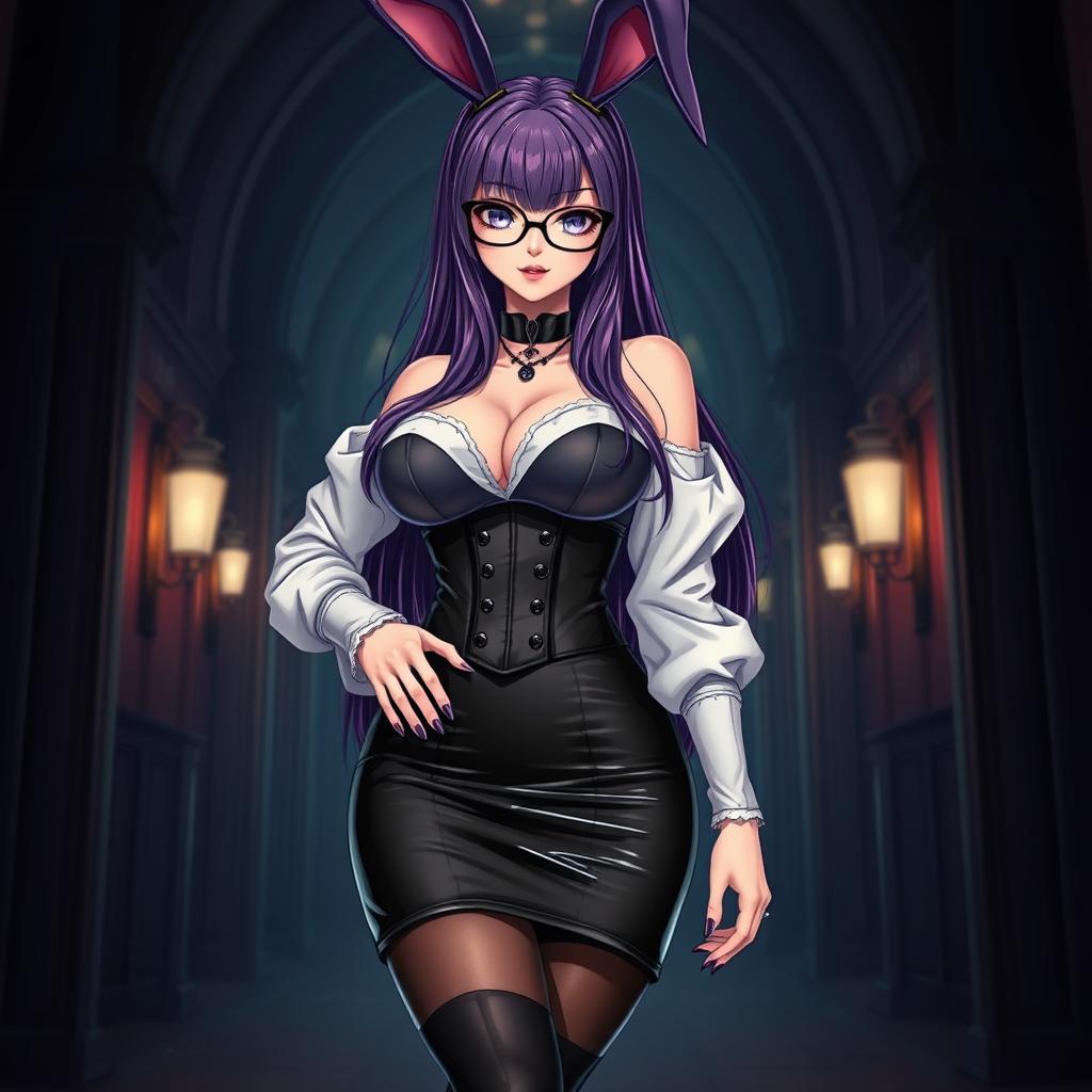 A sexy gothic anime bunny girl with lustrous long purple hair, adorned with sleek glasses