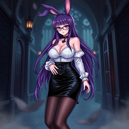 A sexy gothic anime bunny girl with lustrous long purple hair, adorned with sleek glasses