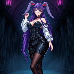 A sexy gothic anime bunny girl with lustrous long purple hair, adorned with sleek glasses