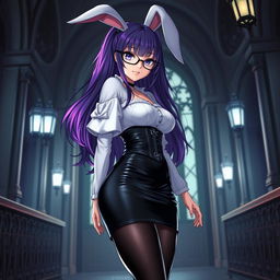 A sexy gothic anime bunny girl with lustrous long purple hair, adorned with sleek glasses