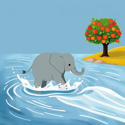 A gray baby elephant is walking through the rushing river water, causing splashes and ripples around it