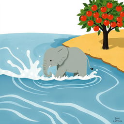 A gray baby elephant is walking through the rushing river water, causing splashes and ripples around it