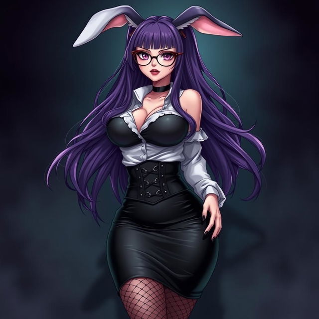 A sexy gothic anime bunny girl with long, flowing purple hair, elegantly framed by stylish glasses