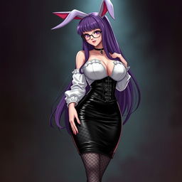 A sexy gothic anime bunny girl with long, flowing purple hair, elegantly framed by stylish glasses