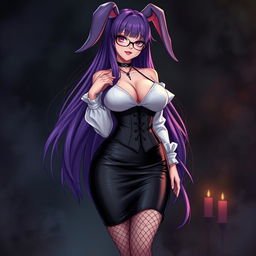 A sexy gothic anime bunny girl with long, flowing purple hair, elegantly framed by stylish glasses
