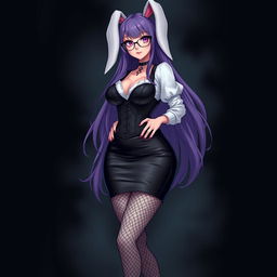 A sexy gothic anime bunny girl with long, flowing purple hair, elegantly framed by stylish glasses