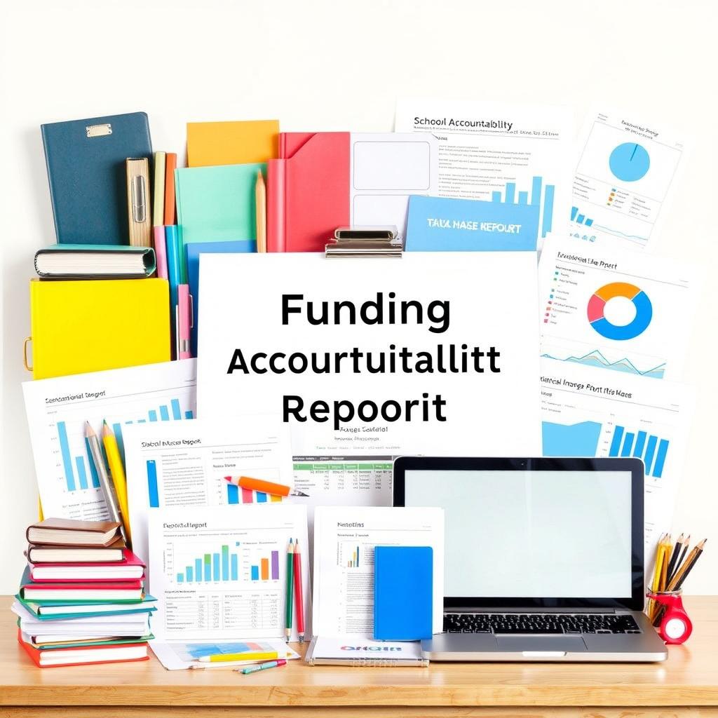 A collage of various educational supplies and documents representing a school funding accountability report