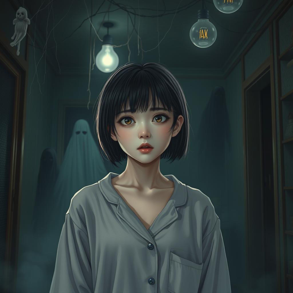 A Korean female with short hair wearing comfortable pajamas, standing in a dimly lit, eerie room filled with unsettling shadows and ghostly figures lurking in the background