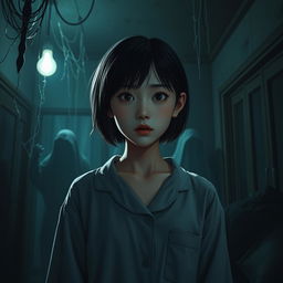 A Korean female with short hair wearing comfortable pajamas, standing in a dimly lit, eerie room filled with unsettling shadows and ghostly figures lurking in the background