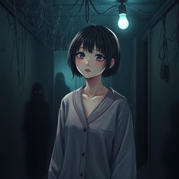 A Korean female with short hair wearing comfortable pajamas, standing in a dimly lit, eerie room filled with unsettling shadows and ghostly figures lurking in the background