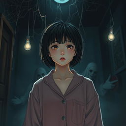 A Korean female with short hair wearing comfortable pajamas, standing in a dimly lit, eerie room filled with unsettling shadows and ghostly figures lurking in the background
