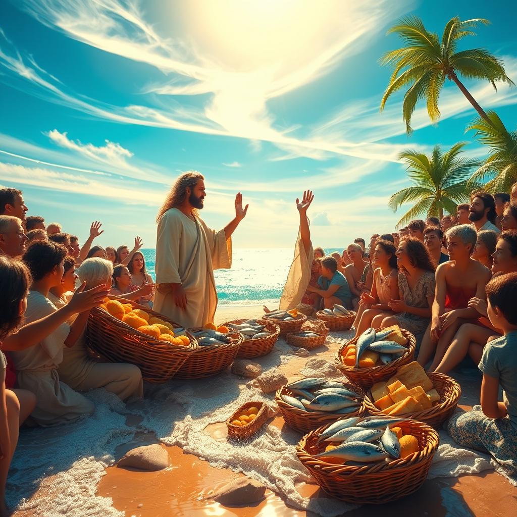 A stunning portrayal of the miracle of Jesus multiplying the loaves and fishes, set on a sunlit shoreline with a large crowd of amazed followers