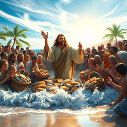 A stunning portrayal of the miracle of Jesus multiplying the loaves and fishes, set on a sunlit shoreline with a large crowd of amazed followers