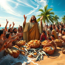 A stunning portrayal of the miracle of Jesus multiplying the loaves and fishes, set on a sunlit shoreline with a large crowd of amazed followers