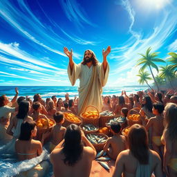 A stunning portrayal of the miracle of Jesus multiplying the loaves and fishes, set on a sunlit shoreline with a large crowd of amazed followers