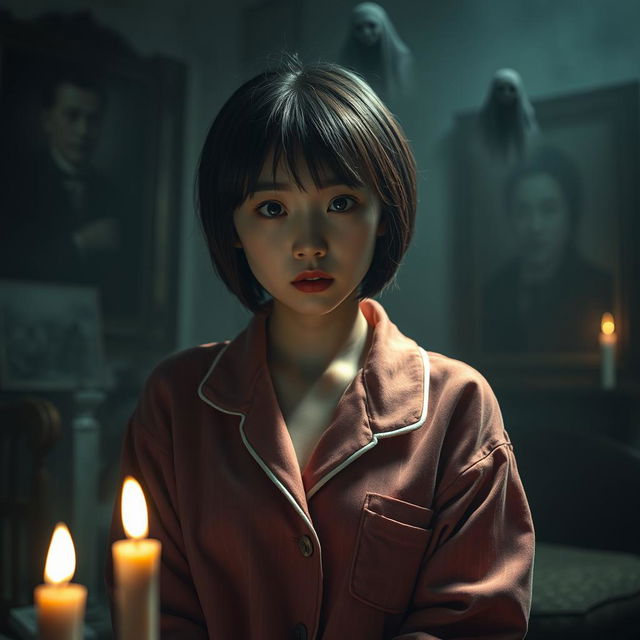 A real Korean female with short hair wearing cozy pajamas, positioned in a chilling horror setting