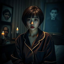 A real Korean female with short hair wearing cozy pajamas, positioned in a chilling horror setting