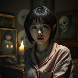 A real Korean female with short hair wearing cozy pajamas, positioned in a chilling horror setting
