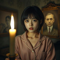 A real Korean female with short hair wearing cozy pajamas, positioned in a chilling horror setting