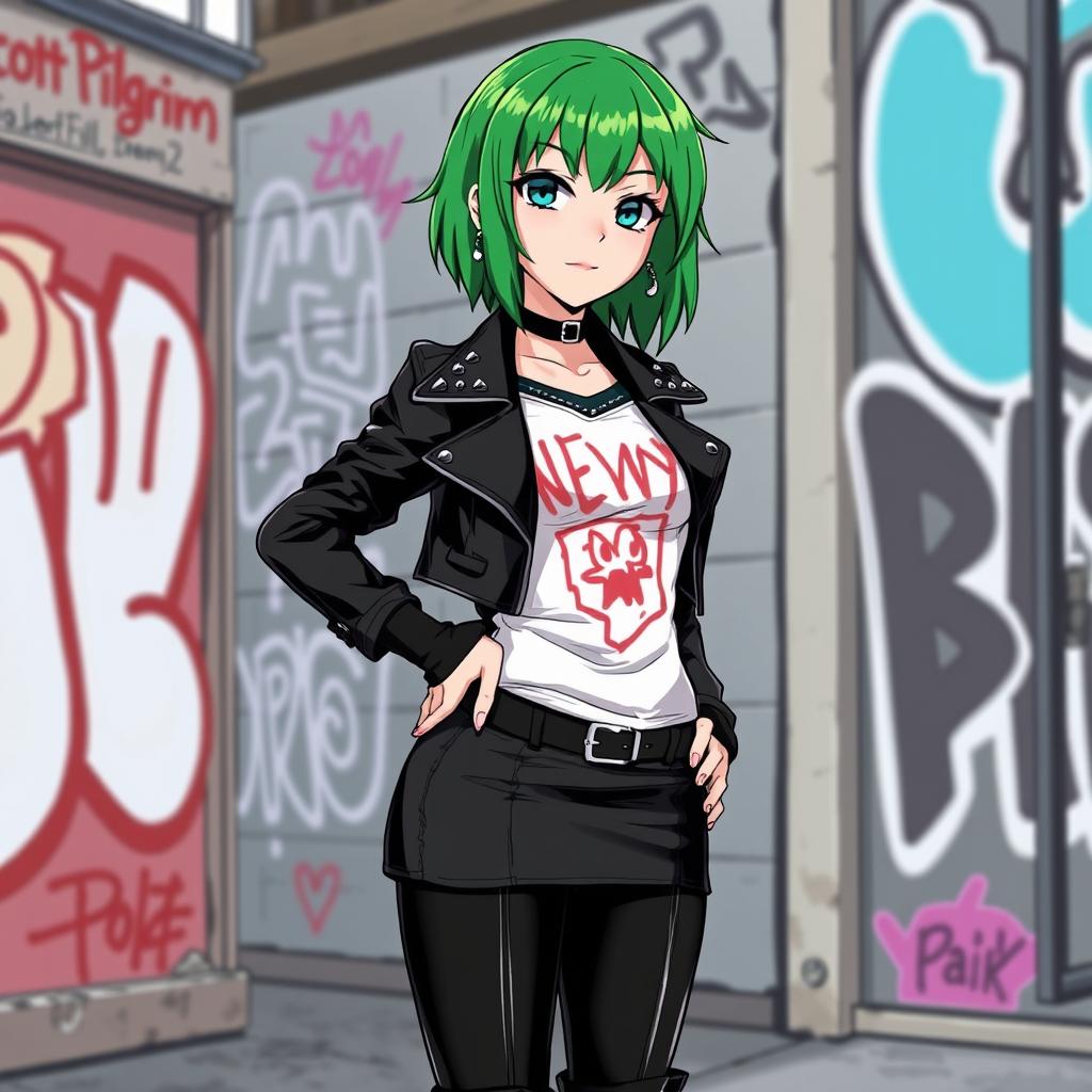 A stylized anime depiction of Envy Adams from Scott Pilgrim, showcasing her signature edgy look