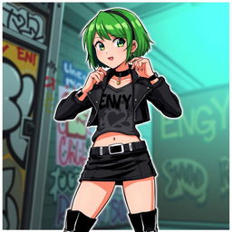 A stylized anime depiction of Envy Adams from Scott Pilgrim, showcasing her signature edgy look