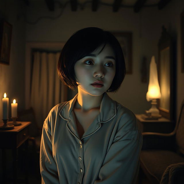 A real Korean female with short hair and a chubby figure, dressed in soft pajamas, positioned in a dark and eerie horror setting