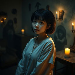 A real Korean female with short hair and a chubby figure, dressed in soft pajamas, positioned in a dark and eerie horror setting