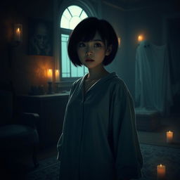 A real Korean female with short hair and a chubby figure, dressed in soft pajamas, positioned in a dark and eerie horror setting