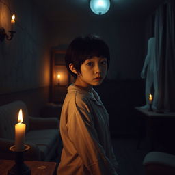 A real Korean female with short hair and a chubby figure, dressed in soft pajamas, positioned in a dark and eerie horror setting