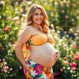 A cheerful young woman with a big belly, wearing a vibrant, colorful outfit that highlights her curves