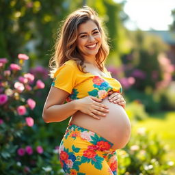 A cheerful young woman with a big belly, wearing a vibrant, colorful outfit that highlights her curves