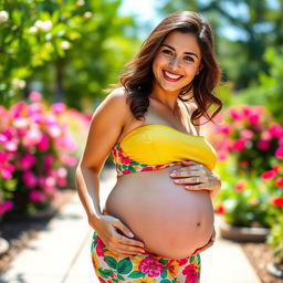 A cheerful young woman with a big belly, wearing a vibrant, colorful outfit that highlights her curves