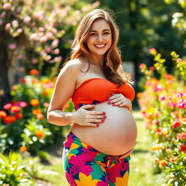 A cheerful young woman with a big belly, wearing a vibrant, colorful outfit that highlights her curves