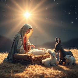 A serene and beautiful nativity scene depicting the birth of Jesus surrounded by soft, glowing light