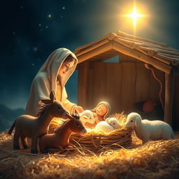 A serene and beautiful nativity scene depicting the birth of Jesus surrounded by soft, glowing light