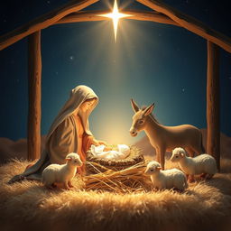 A serene and beautiful nativity scene depicting the birth of Jesus surrounded by soft, glowing light