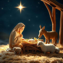 A serene and beautiful nativity scene depicting the birth of Jesus surrounded by soft, glowing light