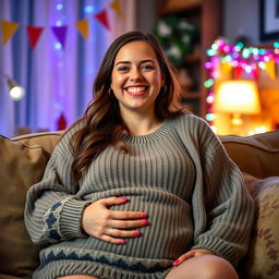 A cheerful young woman sitting on a cozy couch, wearing a comfortable oversized sweater, her face beaming with joy