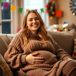 A cheerful young woman sitting on a cozy couch, wearing a comfortable oversized sweater, her face beaming with joy