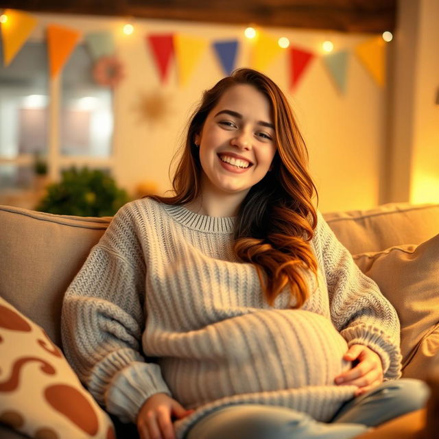 A cheerful young woman sitting on a cozy couch, wearing a comfortable oversized sweater, her face beaming with joy